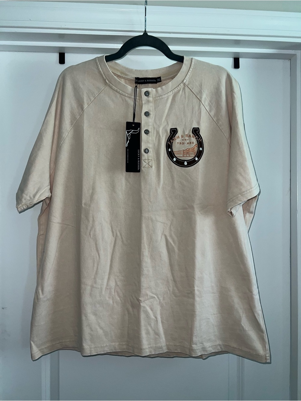 Lucky & Blessed horseshoe embroidered top 3x